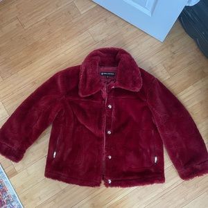Red Cropped Faux Fur Jacket
